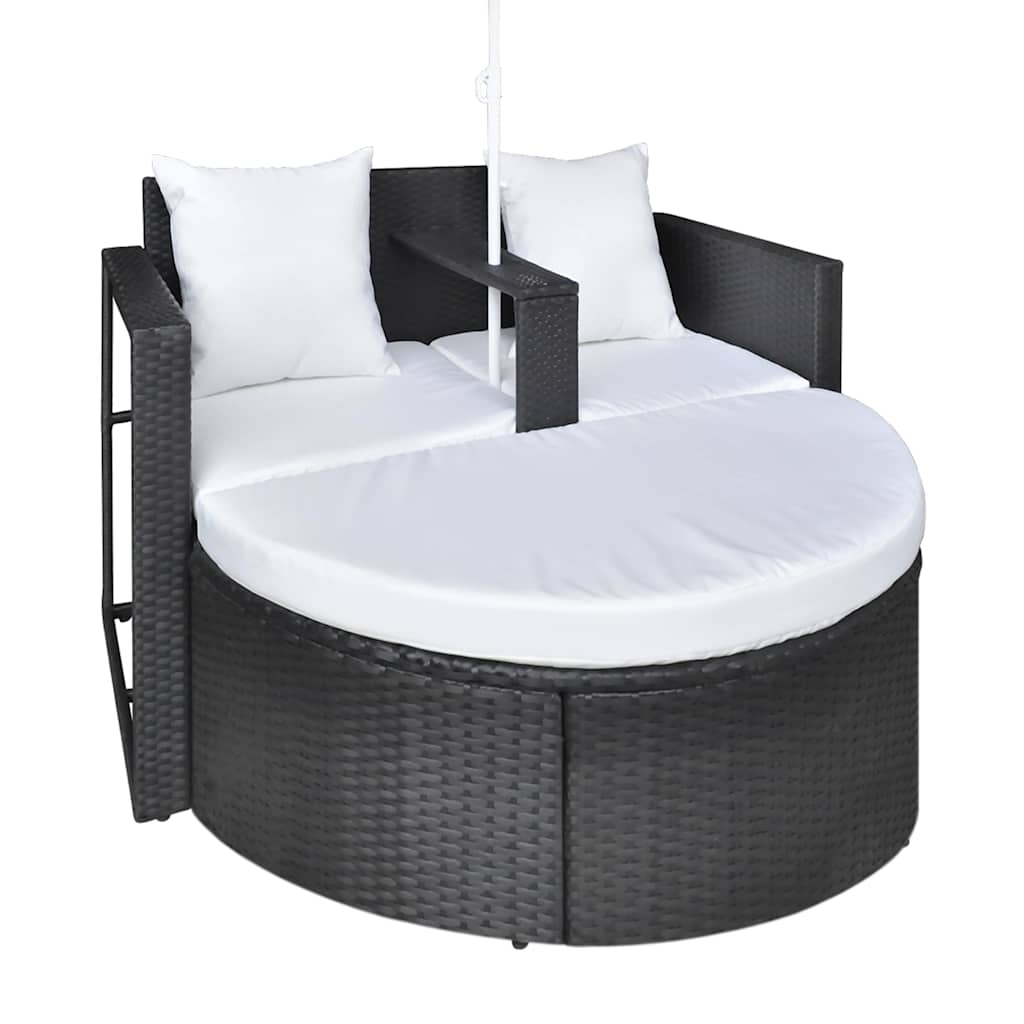 Tuinbed met parasol poly rattan zwart