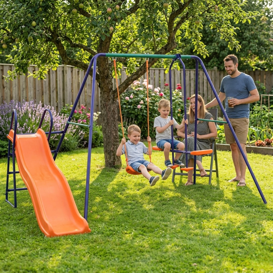 Schommelset met Glijbaan & 3 Zitjes – Staal – Complete Speelset voor Tuin – 3 Kinderen