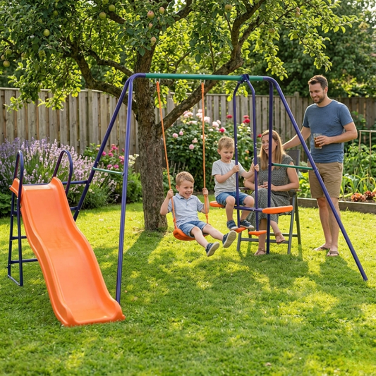 Schommelset met Glijbaan & 3 Zitjes – Staal – Complete Speelset voor Tuin – 3 Kinderen