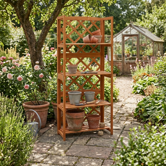 Latwerk met Schappen – Houten Plantenrek met Traliewerk – 140 cm – Massief Vurenhout
