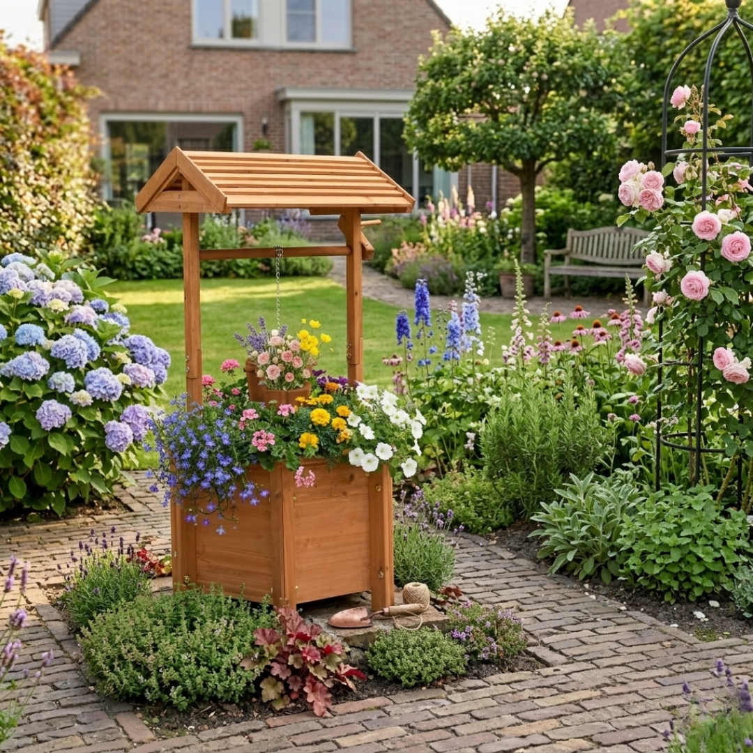 Houten Wensput Plantenbak – 40x40x84 cm – Vurenhout – Decoratieve Tuindecoratie
