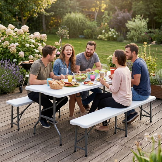 Inklapbare Tuinset 180 cm – Tafel met 2 Bankjes – Staal & HDPE – Weerbestendig & Draagbaar